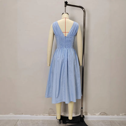 Solid Color Casual Sleeveless V Neck Strap Dress In Cotton Fabric For Everyday Wear