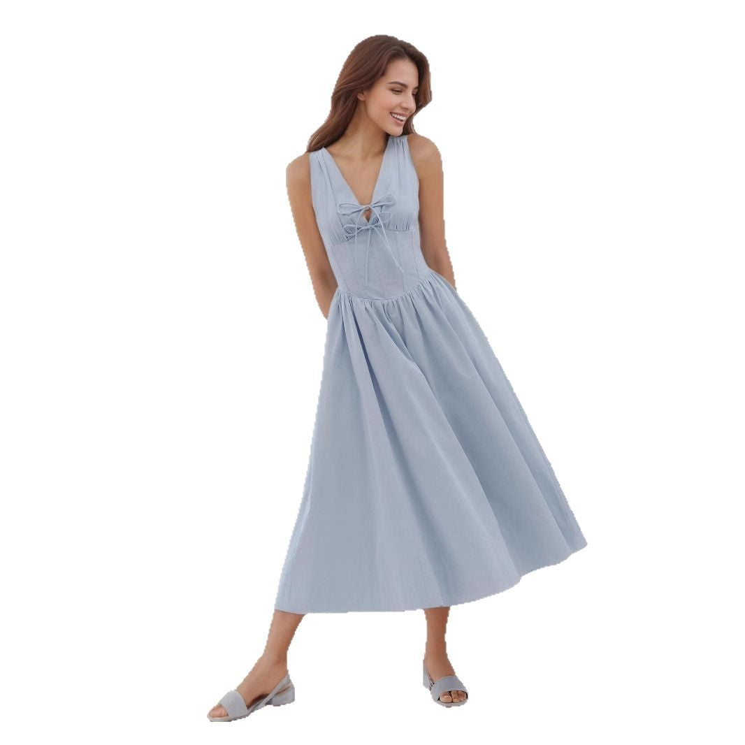 Solid Color Casual Sleeveless V Neck Strap Dress In Cotton Fabric For Everyday Wear