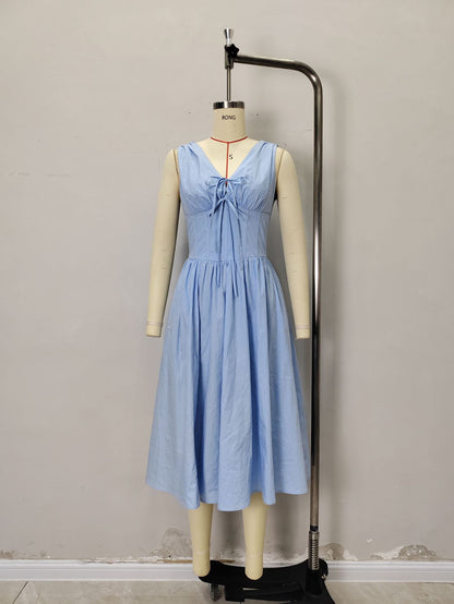 Solid Color Casual Sleeveless V Neck Strap Dress In Cotton Fabric For Everyday Wear