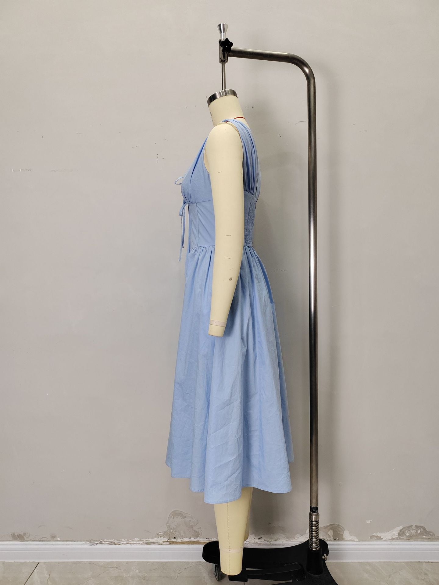 Solid Color Casual Sleeveless V Neck Strap Dress In Cotton Fabric For Everyday Wear