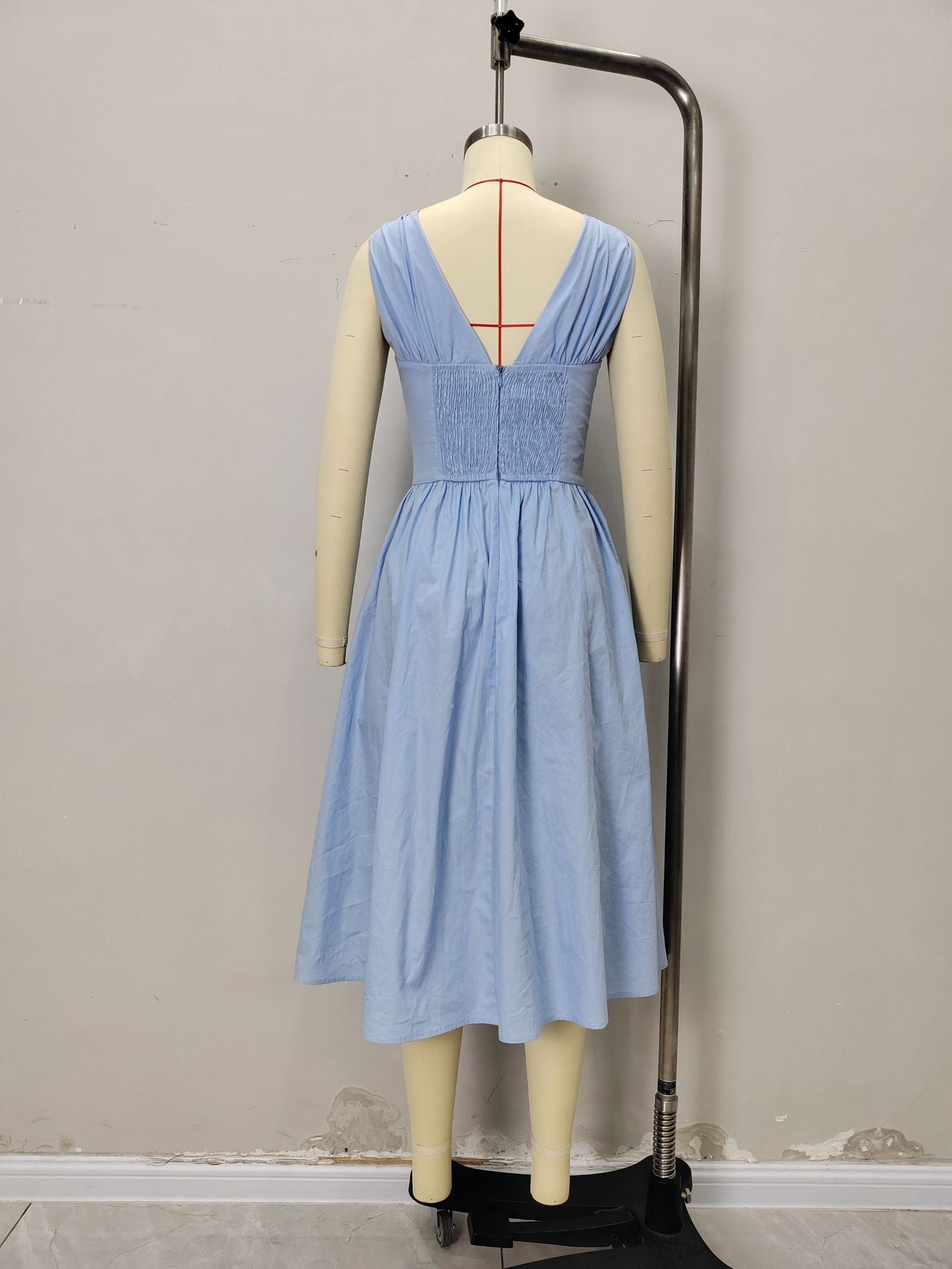 Solid Color Casual Sleeveless V Neck Strap Dress In Cotton Fabric For Everyday Wear