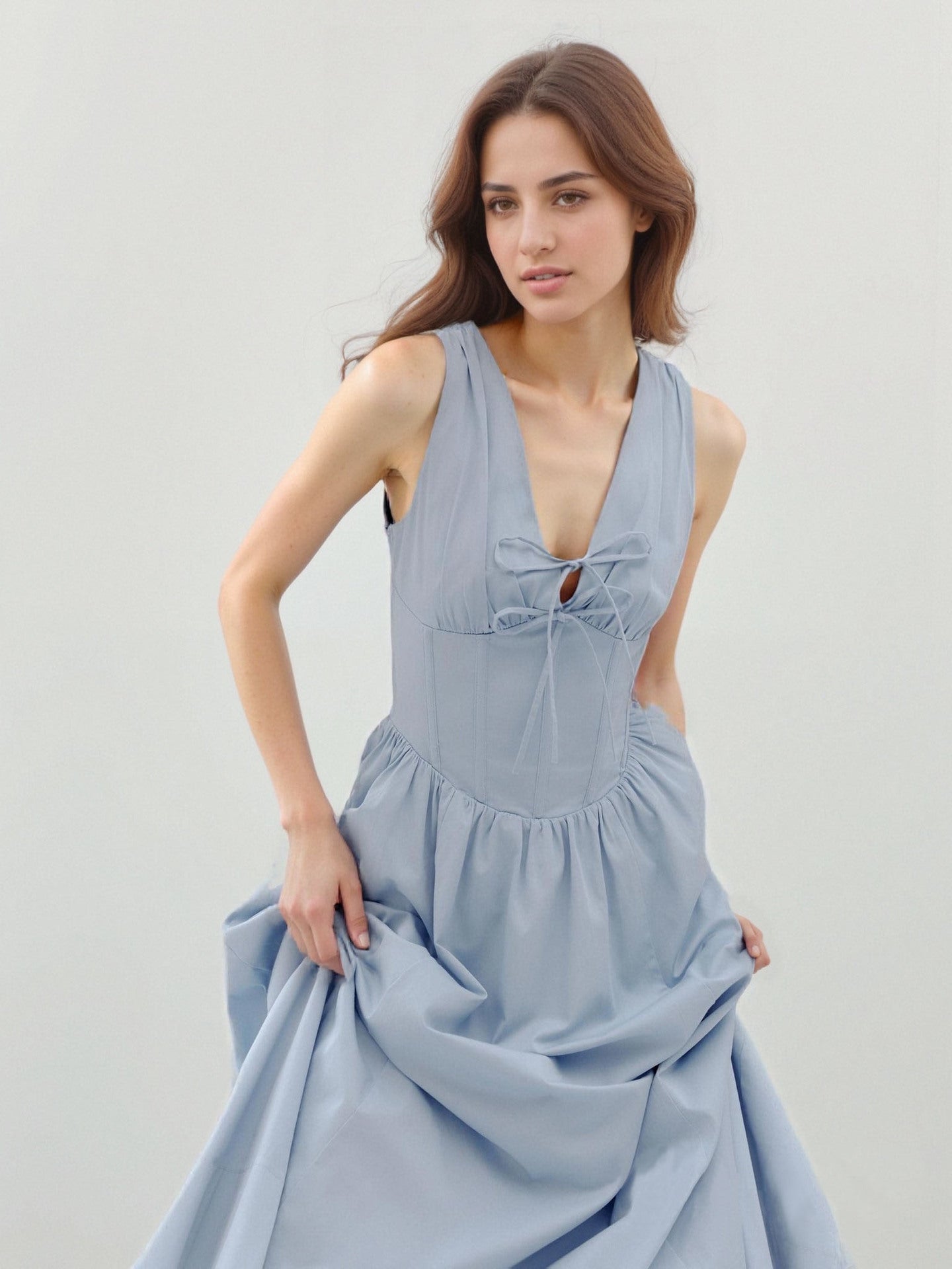 Solid Color Casual Sleeveless V Neck Strap Dress In Cotton Fabric For Everyday Wear