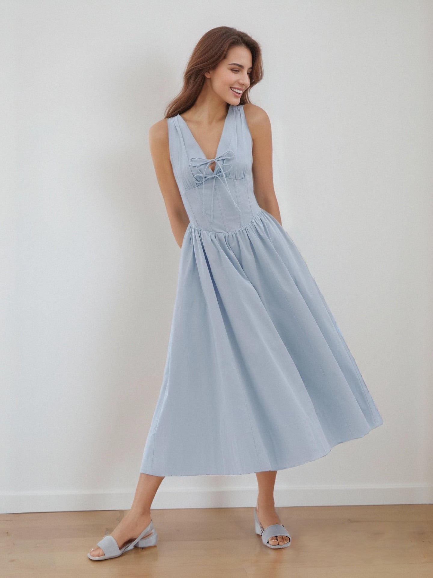 Solid Color Casual Sleeveless V Neck Strap Dress In Cotton Fabric For Everyday Wear