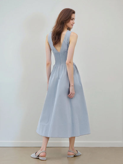 Solid Color Casual Sleeveless V Neck Strap Dress In Cotton Fabric For Everyday Wear