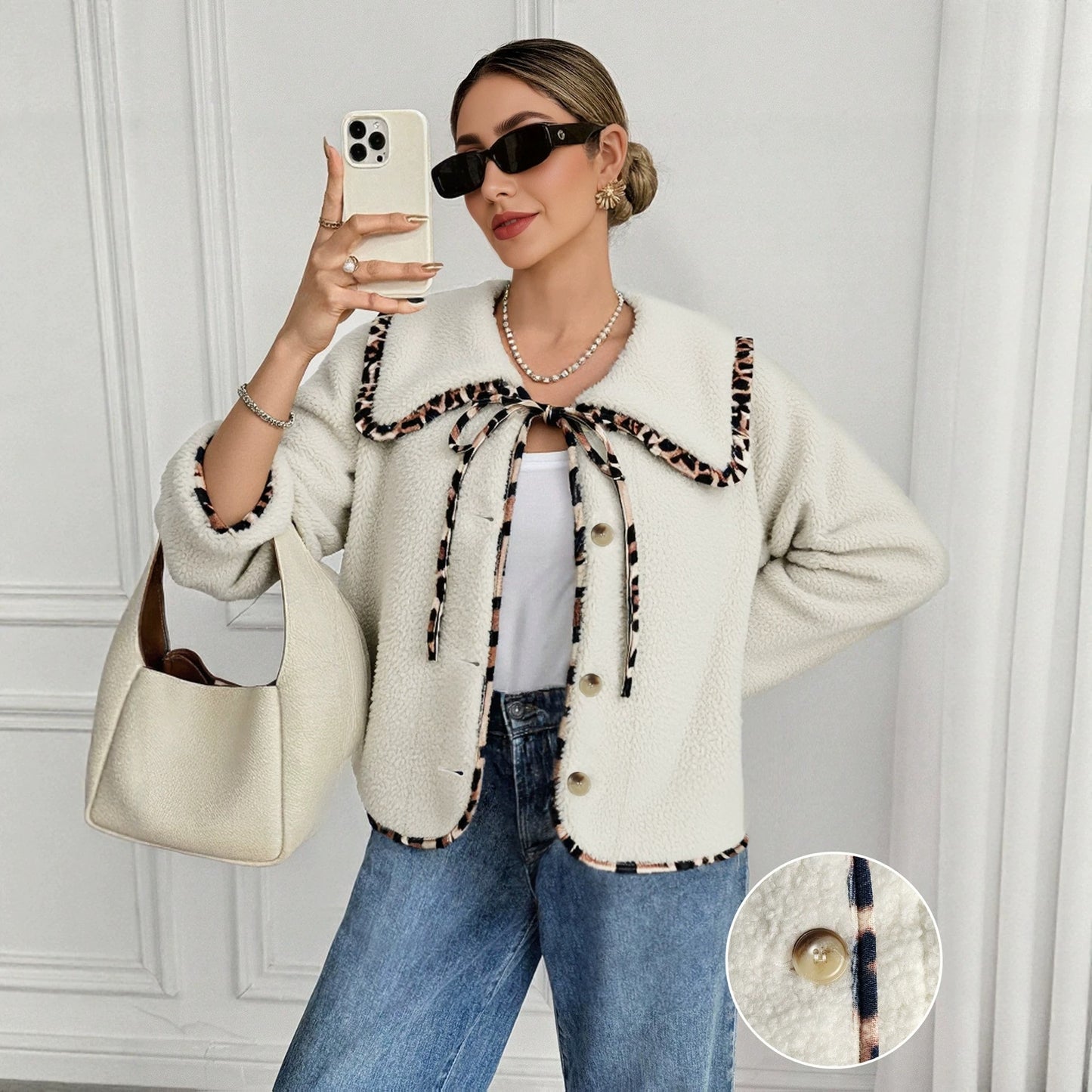 Elegant Leopard Print Single Breasted Coat Fleece Jacket In Polyester Fabric Featuring Patchwork Craft