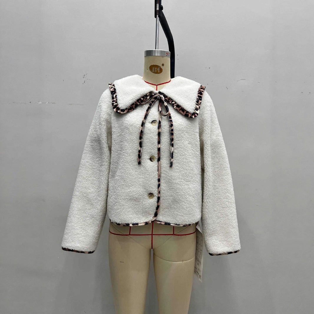 Elegant Leopard Print Single Breasted Coat Fleece Jacket In Polyester Fabric Featuring Patchwork Craft