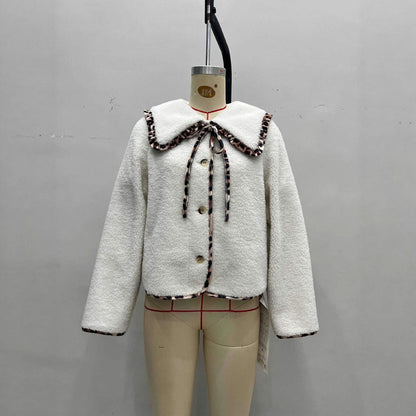 Elegant Leopard Print Single Breasted Coat Fleece Jacket In Polyester Fabric Featuring Patchwork Craft
