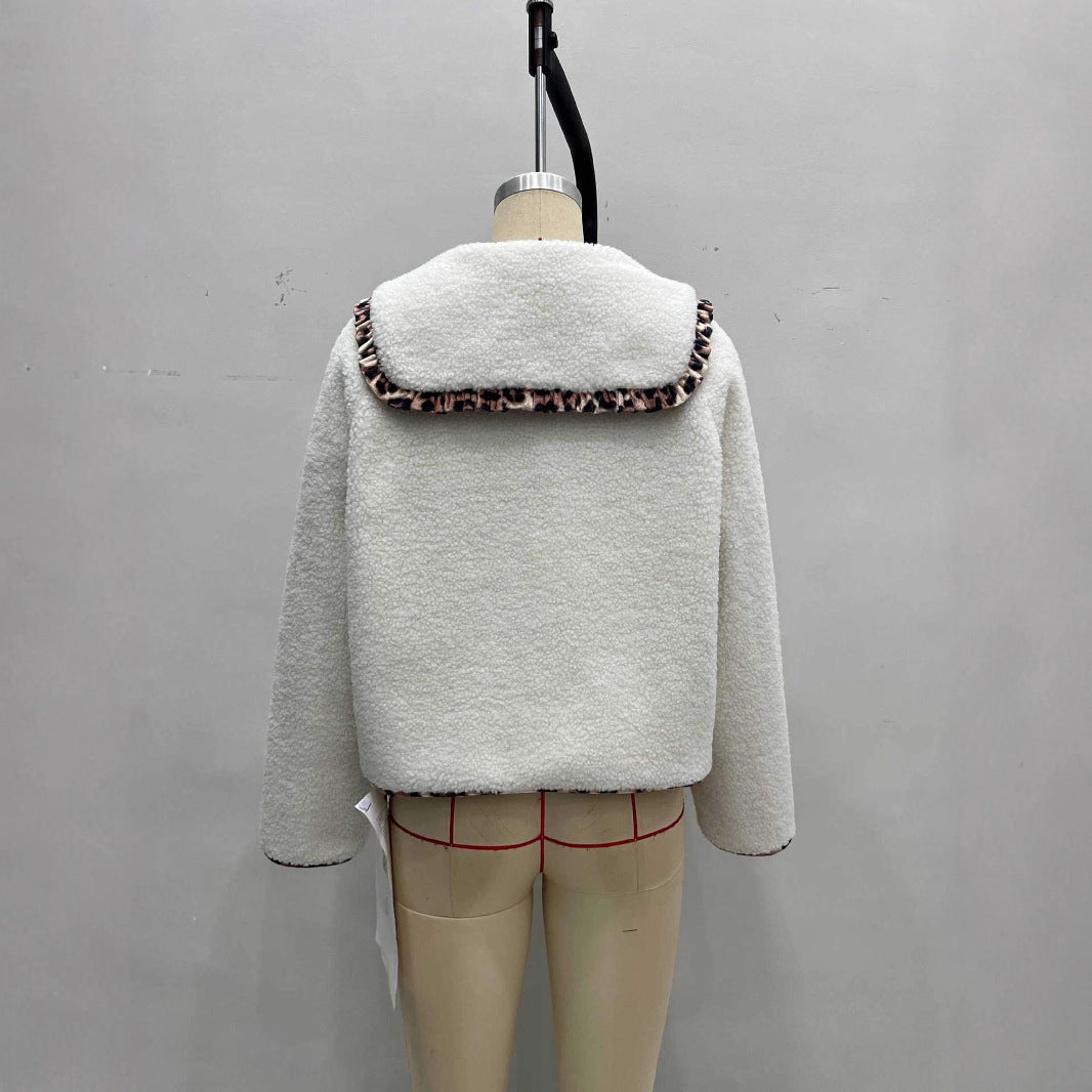 Elegant Leopard Print Single Breasted Coat Fleece Jacket In Polyester Fabric Featuring Patchwork Craft