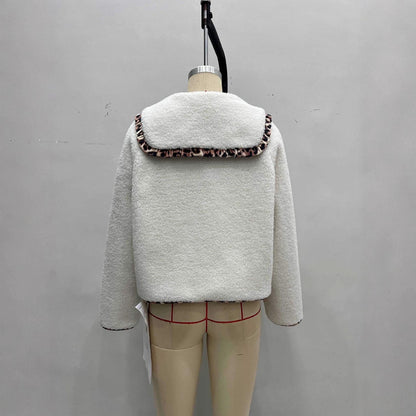 Elegant Leopard Print Single Breasted Coat Fleece Jacket In Polyester Fabric Featuring Patchwork Craft