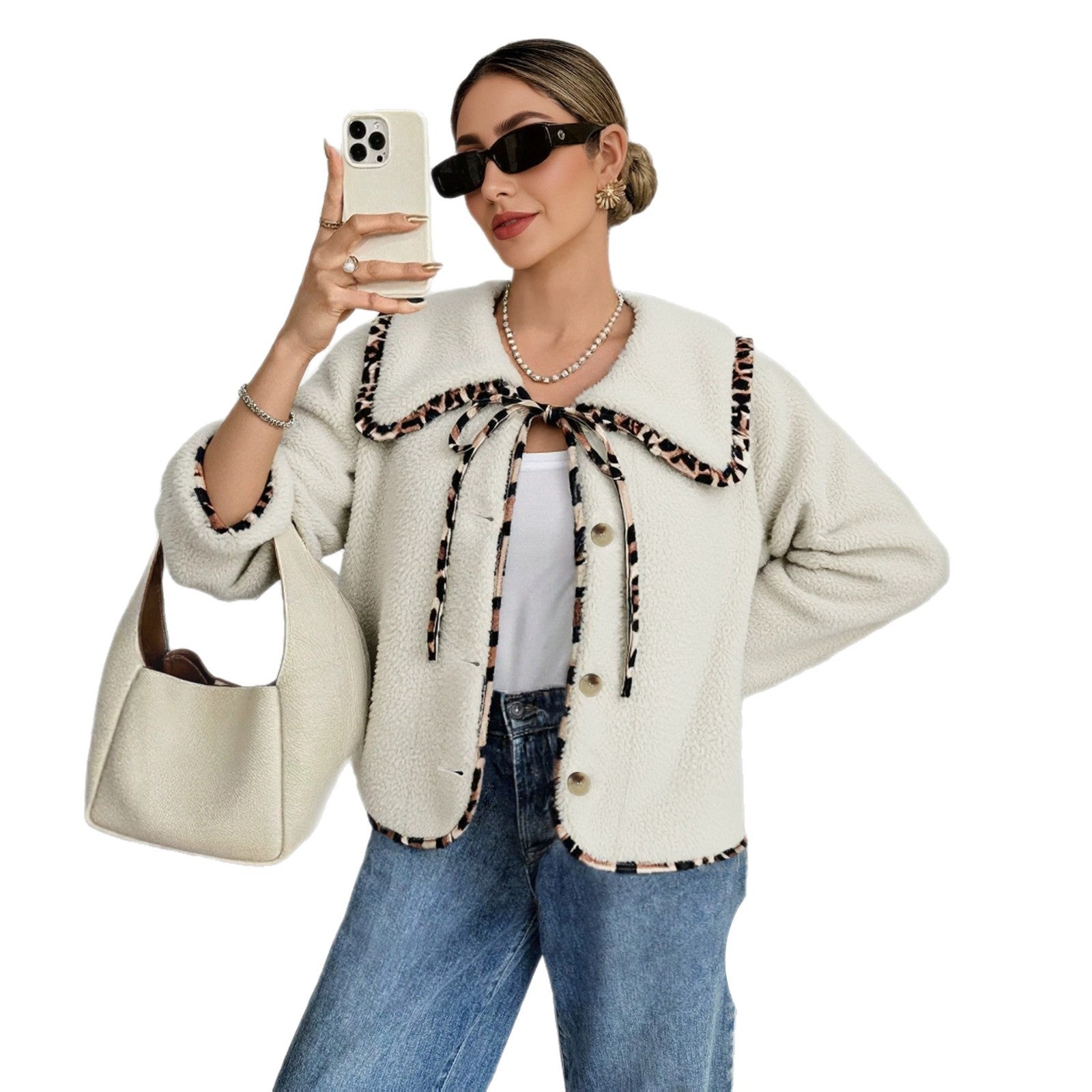 Elegant Leopard Print Single Breasted Coat Fleece Jacket In Polyester Fabric Featuring Patchwork Craft