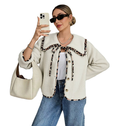 Elegant Leopard Print Single Breasted Coat Fleece Jacket In Polyester Fabric Featuring Patchwork Craft