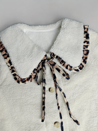 Elegant Leopard Print Single Breasted Coat Fleece Jacket In Polyester Fabric Featuring Patchwork Craft