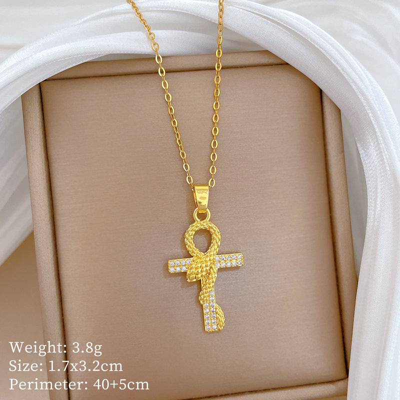 Handmade Classic Style Cross Necklace For Women In 201 Stainless Steel With Zircon Inlay And Cable Chain