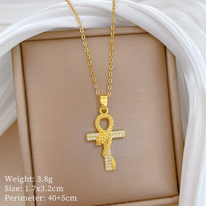Handmade Classic Style Cross Necklace For Women In 201 Stainless Steel With Zircon Inlay And Cable Chain
