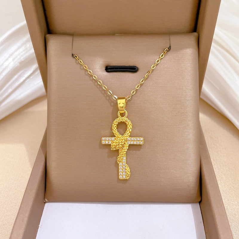 Handmade Classic Style Cross Necklace For Women In 201 Stainless Steel With Zircon Inlay And Cable Chain