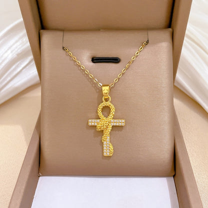 Handmade Classic Style Cross Necklace For Women In 201 Stainless Steel With Zircon Inlay And Cable Chain