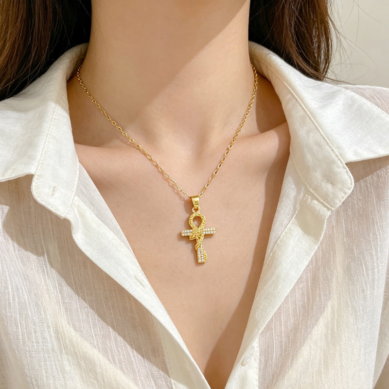 Handmade Classic Style Cross Necklace For Women In 201 Stainless Steel With Zircon Inlay And Cable Chain