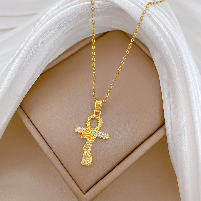 Handmade Classic Style Cross Necklace For Women In 201 Stainless Steel With Zircon Inlay And Cable Chain