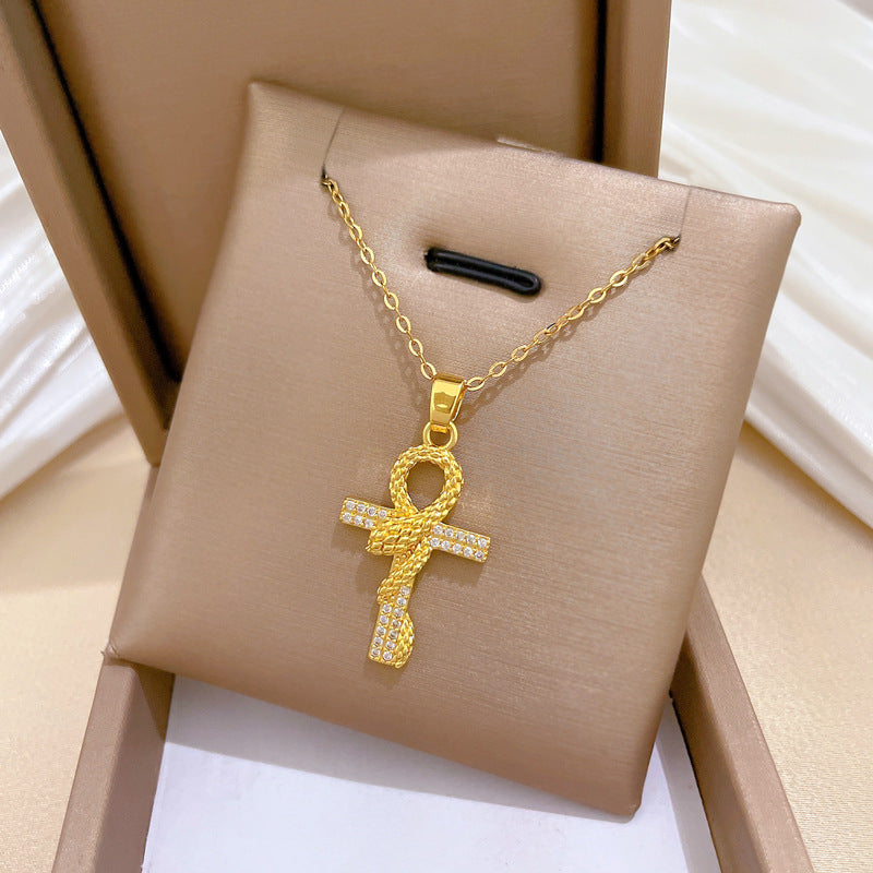 Handmade Classic Style Cross Necklace For Women In 201 Stainless Steel With Zircon Inlay And Cable Chain