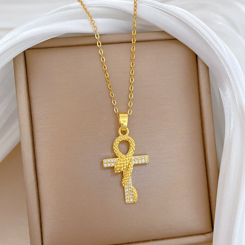 Handmade Classic Style Cross Necklace For Women In 201 Stainless Steel With Zircon Inlay And Cable Chain