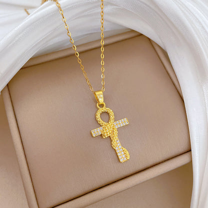 Handmade Classic Style Cross Necklace For Women In 201 Stainless Steel With Zircon Inlay And Cable Chain