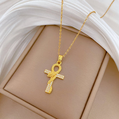 Handmade Classic Style Cross Necklace For Women In 201 Stainless Steel With Zircon Inlay And Cable Chain