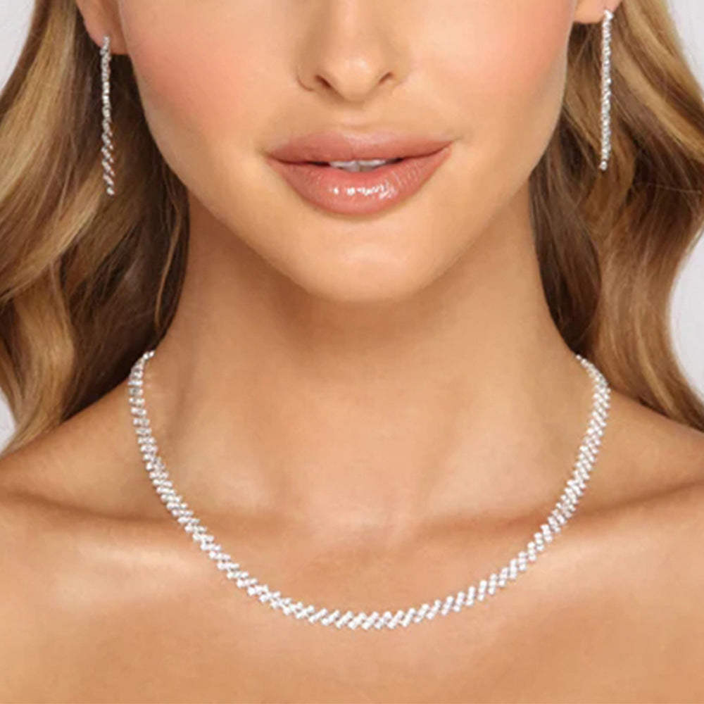 Women’s Simple Style Jewelry Set Featuring Rhombus Pattern With Rhinestones And Box Chain