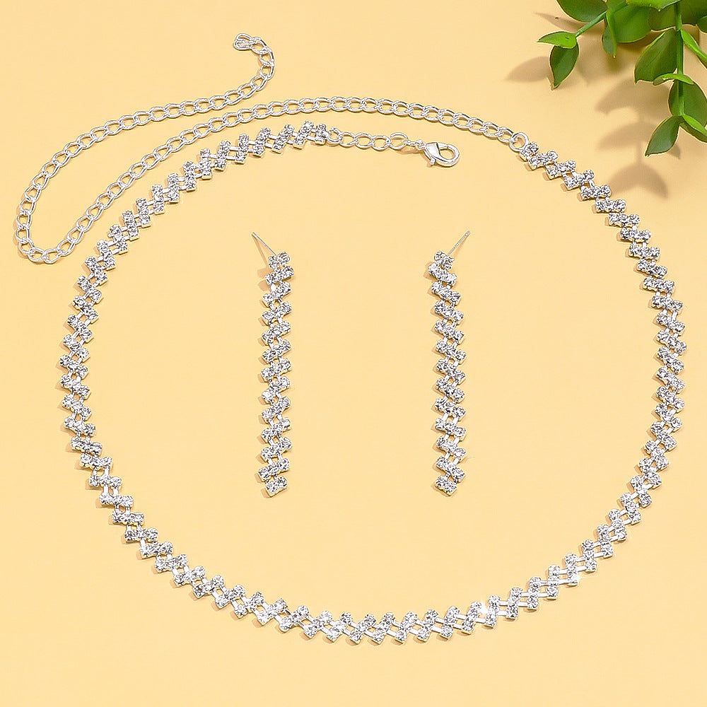 Women’s Simple Style Jewelry Set Featuring Rhombus Pattern With Rhinestones And Box Chain