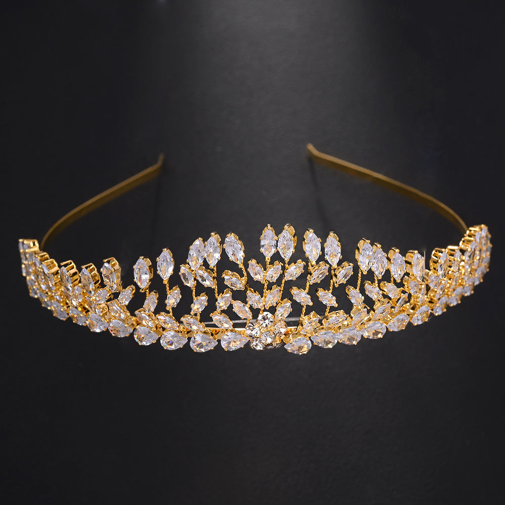 Luxurious Crown Hair Accessory For Women In Gold With Zircon Inlay, Made Of Mixed Materials