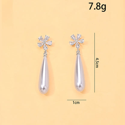 Petal Stud Earrings For Women In Silver Featuring Imitation Pearl And Zircon With Basic Style