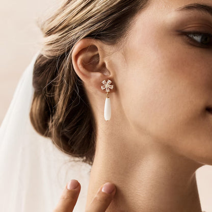Petal Stud Earrings For Women In Silver Featuring Imitation Pearl And Zircon With Basic Style