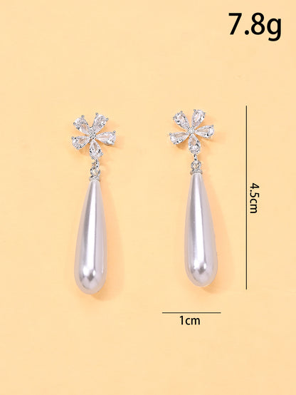 Petal Stud Earrings For Women In Silver Featuring Imitation Pearl And Zircon With Basic Style