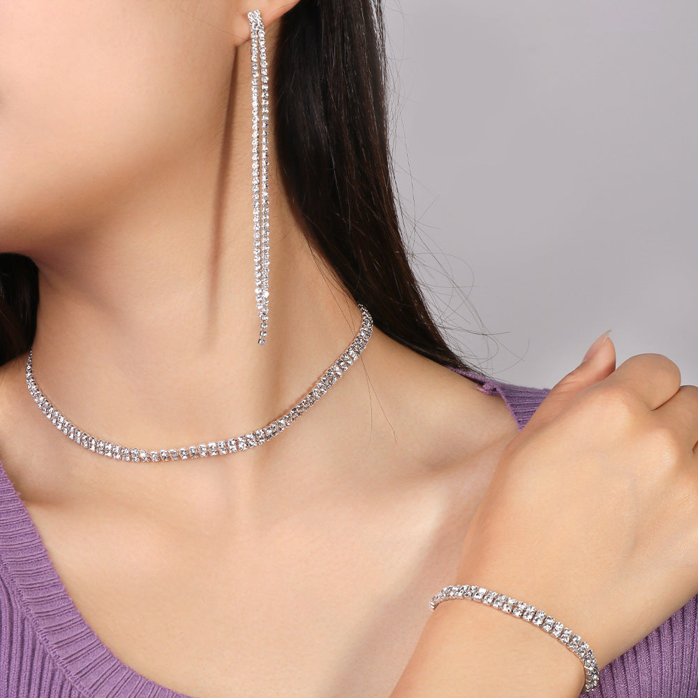 Geometric Rhinestones Necklace For Women With Electroplated Finish And Box Chain Jewelry Set