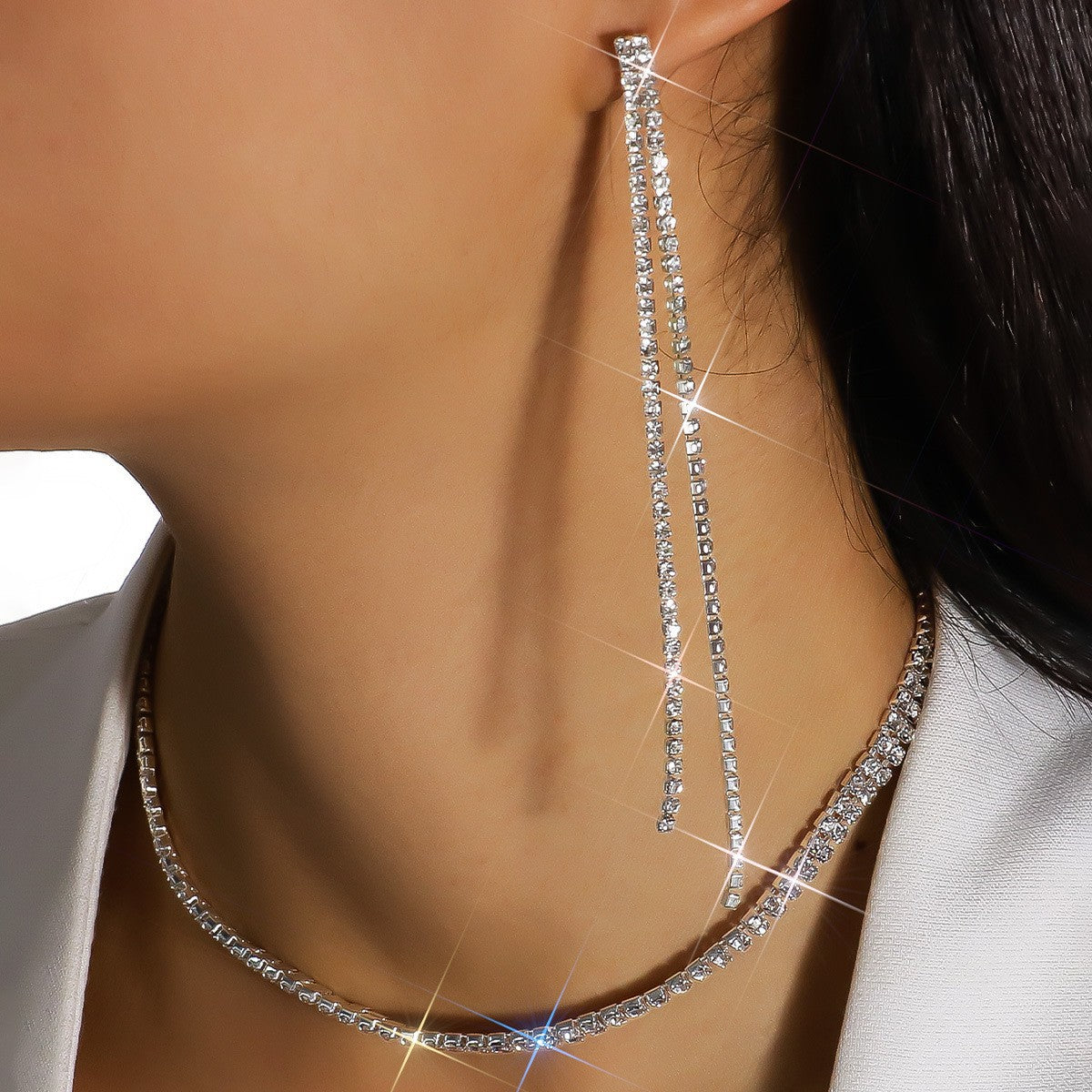 Geometric Rhinestones Necklace For Women With Electroplated Finish And Box Chain Jewelry Set