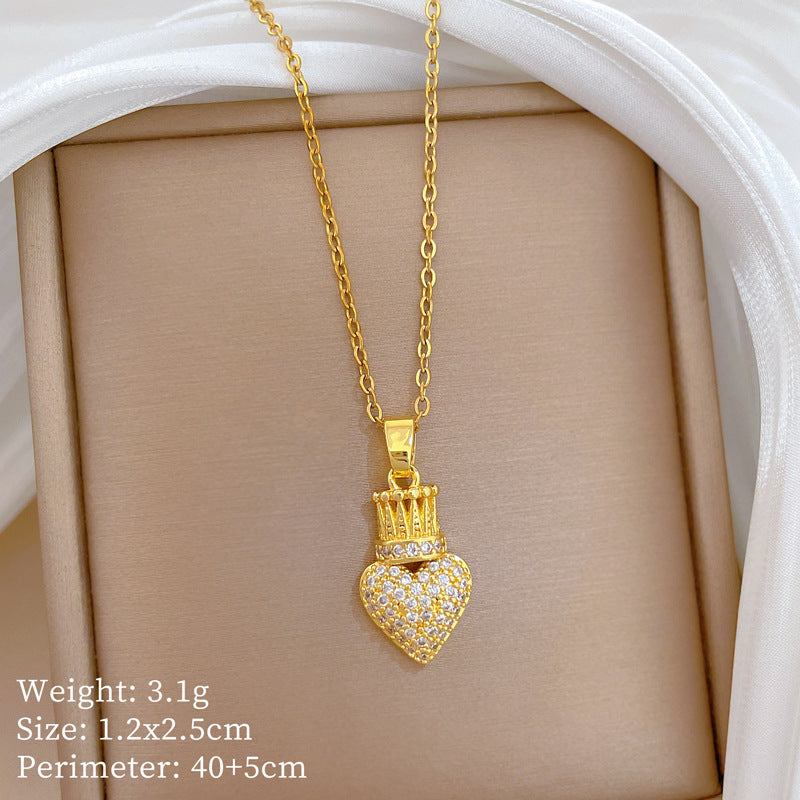 Handmade Classic Style Heart Shape Necklace For Women In 201 Stainless Steel With Zircon Inlay And Cable Chain