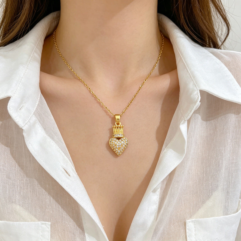 Handmade Classic Style Heart Shape Necklace For Women In 201 Stainless Steel With Zircon Inlay And Cable Chain