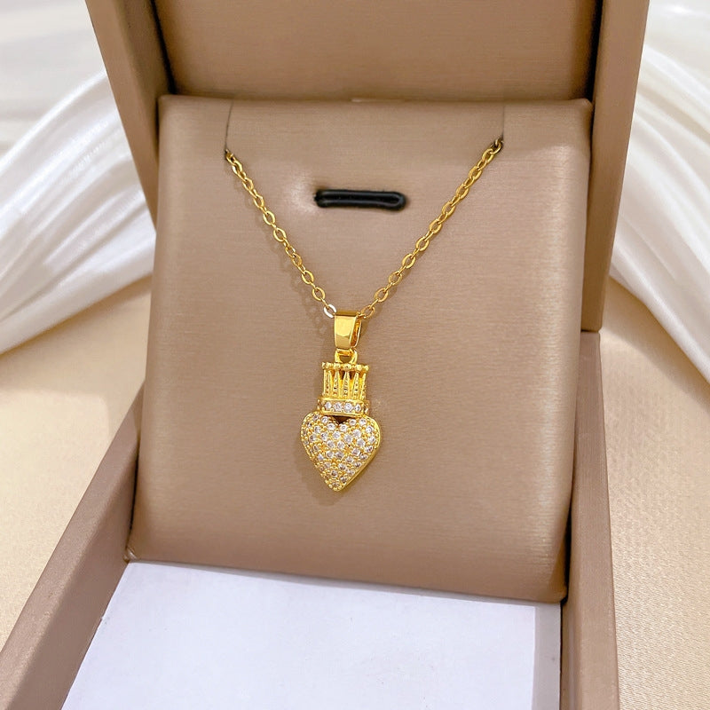 Handmade Classic Style Heart Shape Necklace For Women In 201 Stainless Steel With Zircon Inlay And Cable Chain