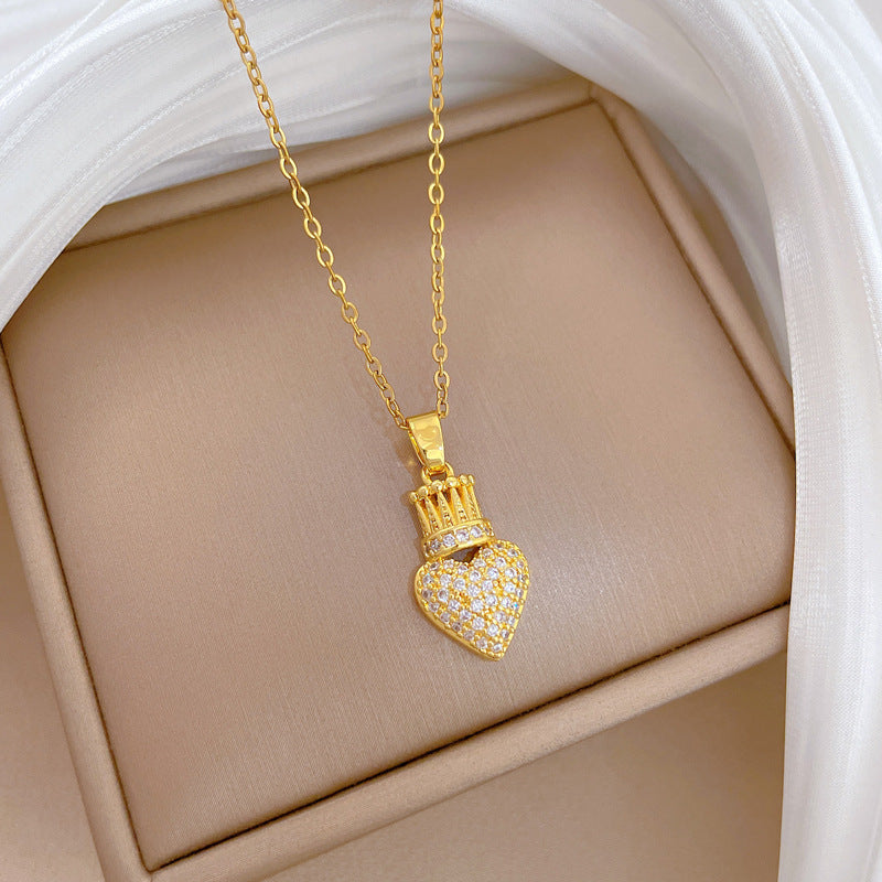 Handmade Classic Style Heart Shape Necklace For Women In 201 Stainless Steel With Zircon Inlay And Cable Chain