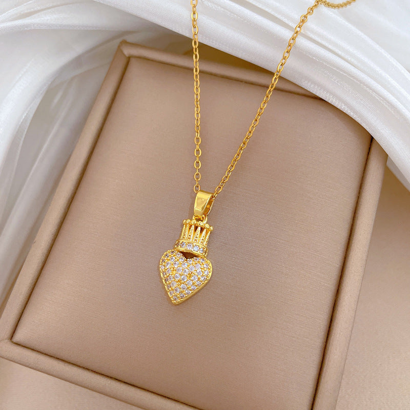 Handmade Classic Style Heart Shape Necklace For Women In 201 Stainless Steel With Zircon Inlay And Cable Chain
