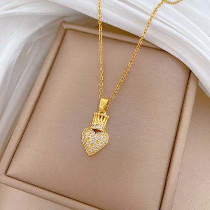 Handmade Classic Style Heart Shape Necklace For Women In 201 Stainless Steel With Zircon Inlay And Cable Chain