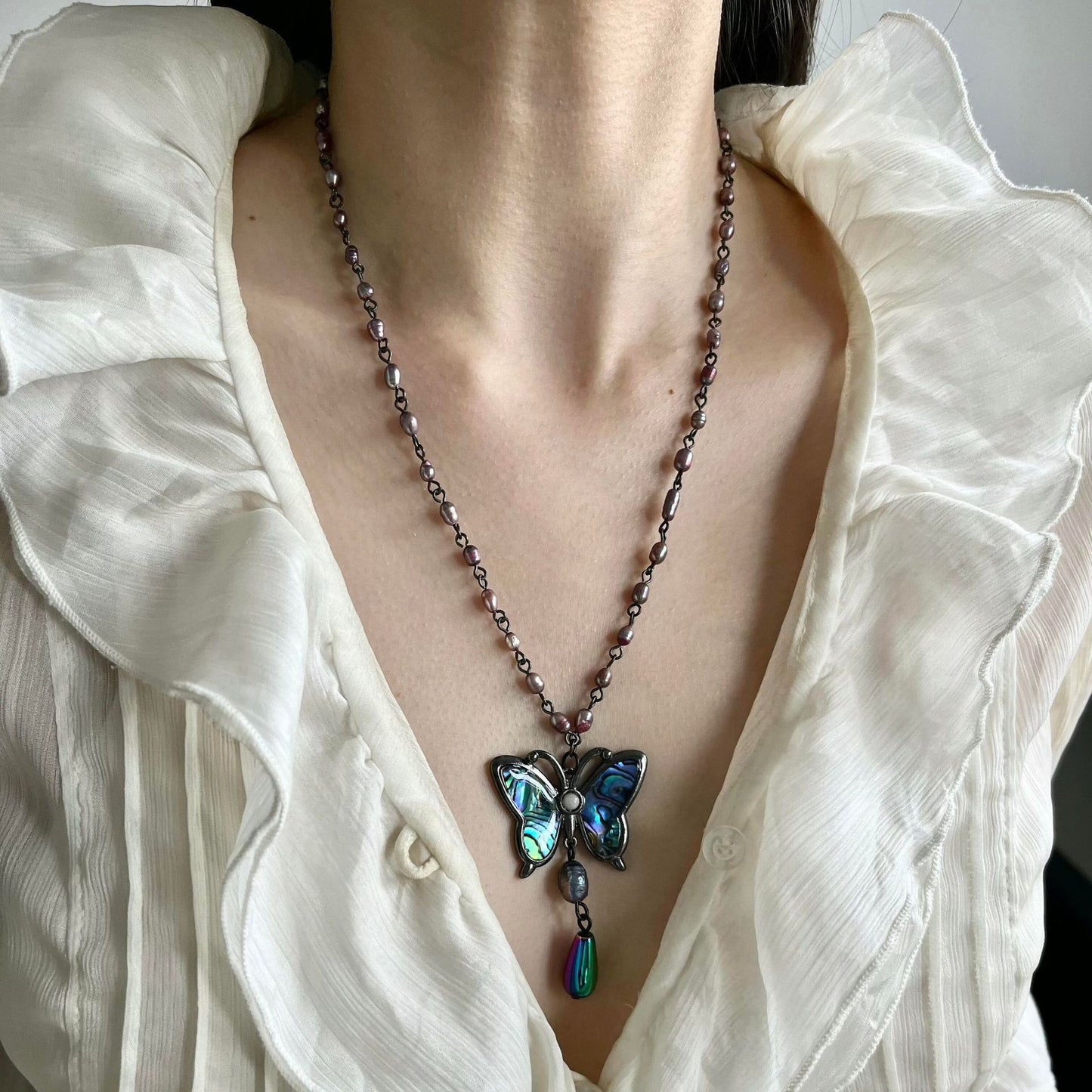 Butterfly Beading Necklace With Alloy Pendant, Retro Style, Unisex Design
