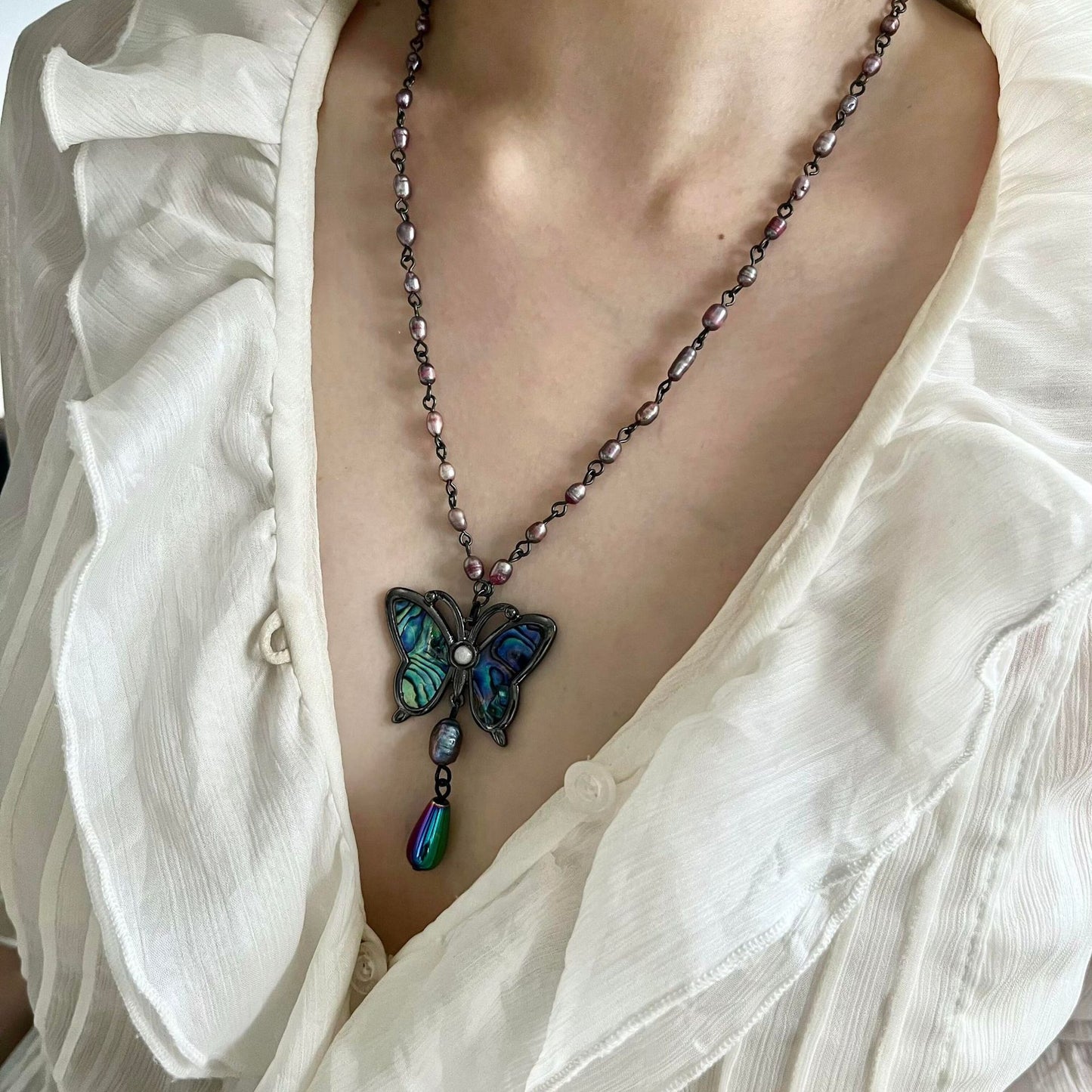 Butterfly Beading Necklace With Alloy Pendant, Retro Style, Unisex Design