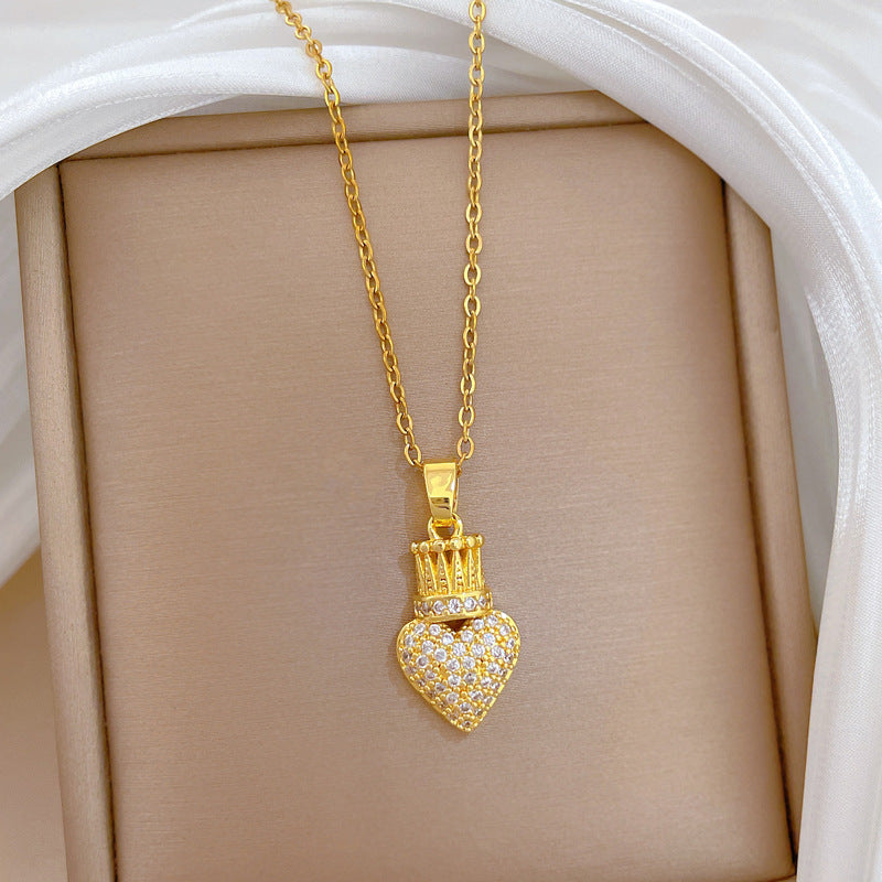 Handmade Classic Style Heart Shape Necklace For Women In 201 Stainless Steel With Zircon Inlay And Cable Chain