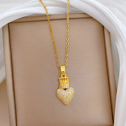 Handmade Classic Style Heart Shape Necklace For Women In 201 Stainless Steel With Zircon Inlay And Cable Chain