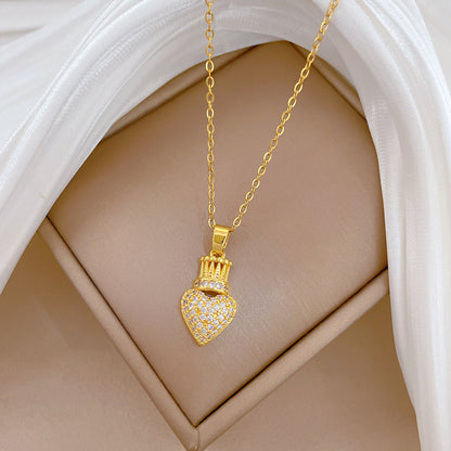 Handmade Classic Style Heart Shape Necklace For Women In 201 Stainless Steel With Zircon Inlay And Cable Chain