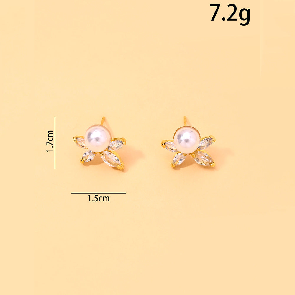 Silver Leaf Stud Earrings For Women With Imitation Pearl And Zircon, Featuring Electroplated Craftsmanship