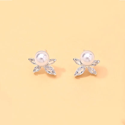 Silver Leaf Stud Earrings For Women With Imitation Pearl And Zircon, Featuring Electroplated Craftsmanship