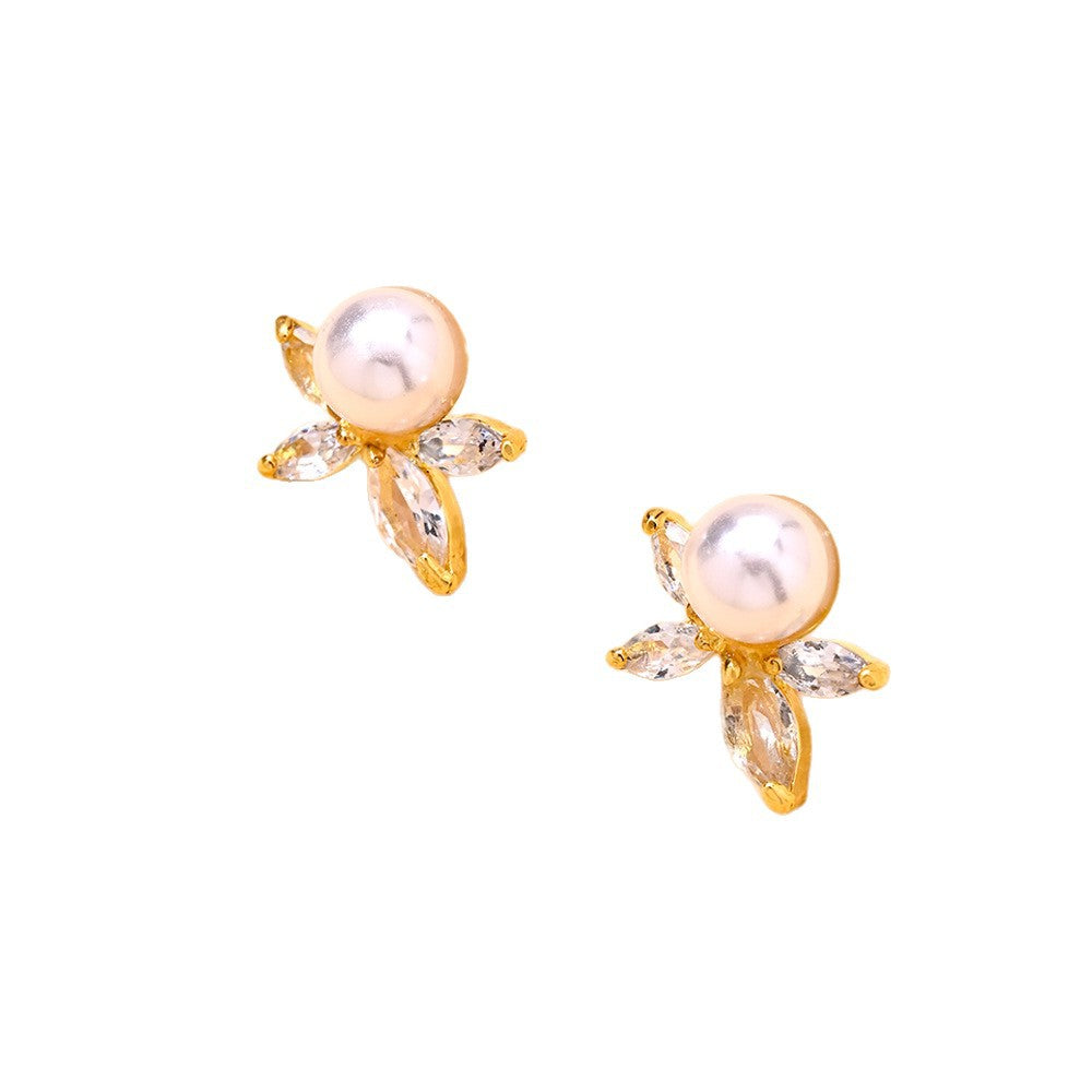 Silver Leaf Stud Earrings For Women With Imitation Pearl And Zircon, Featuring Electroplated Craftsmanship