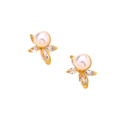 Silver Leaf Stud Earrings For Women With Imitation Pearl And Zircon, Featuring Electroplated Craftsmanship