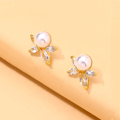 Silver Leaf Stud Earrings For Women With Imitation Pearl And Zircon, Featuring Electroplated Craftsmanship